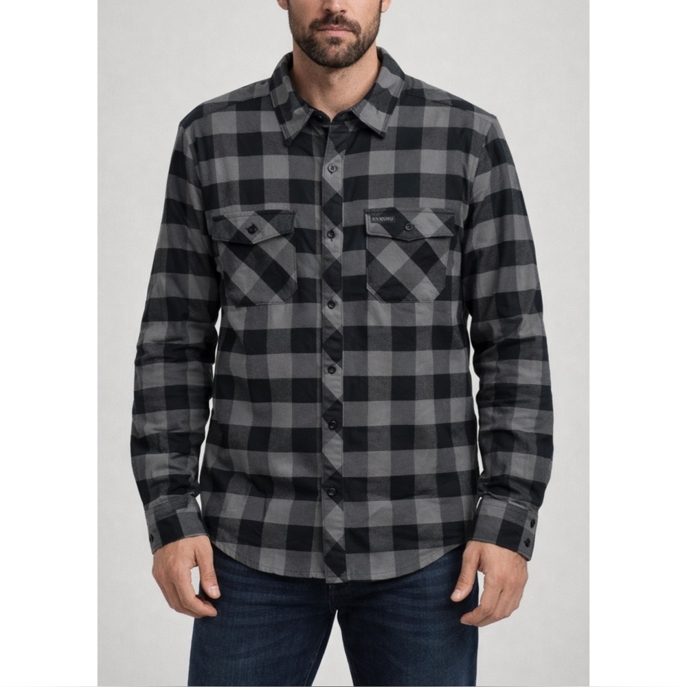 KUIU | Men’s Base Camp HW Flannel Shirt in Black/Grey Buffalo Plaid, Size Large